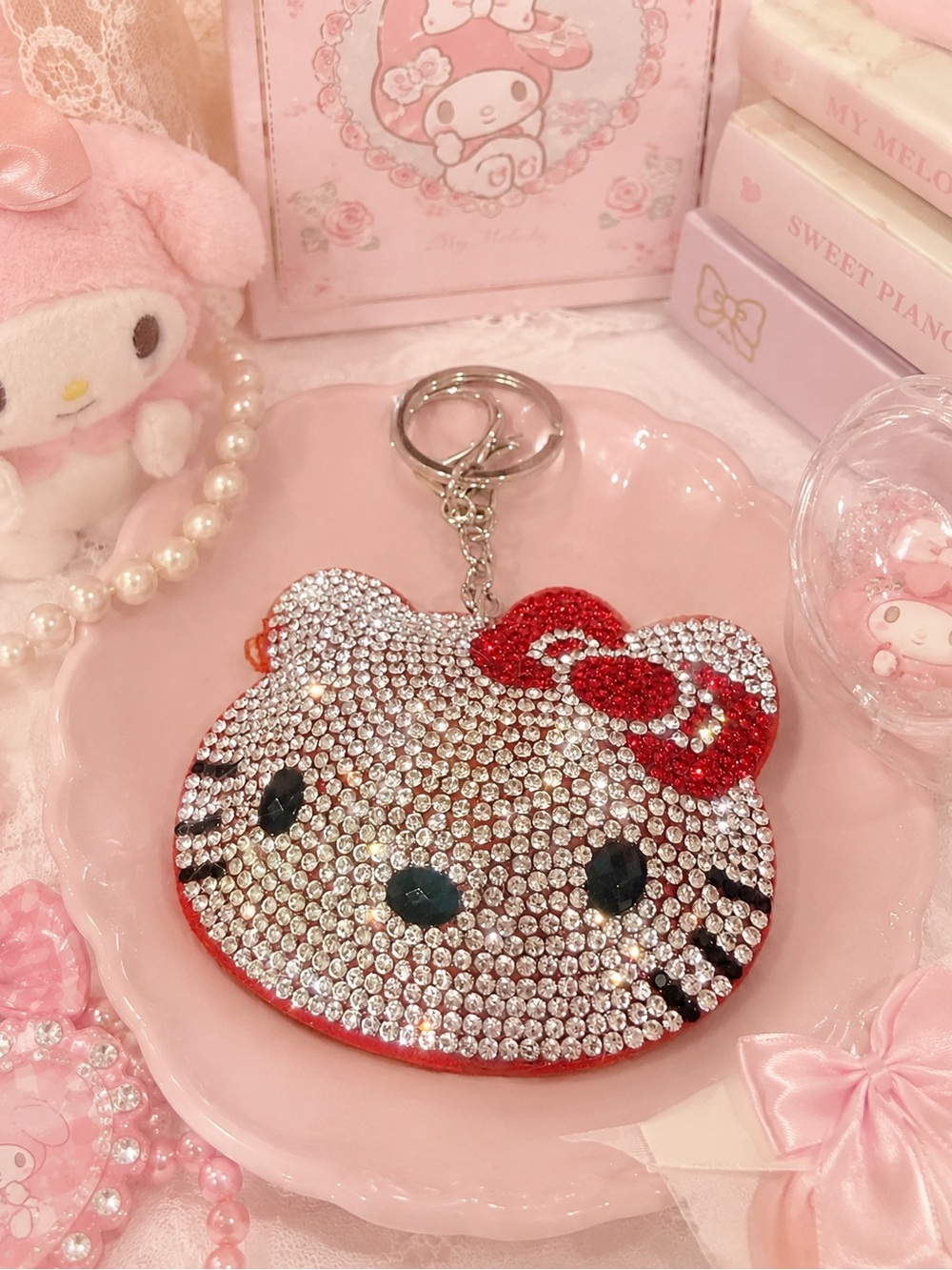 Bling Hello Kitty Keychain with Red Bow, Sanrio cute gift, purse charm, shiny